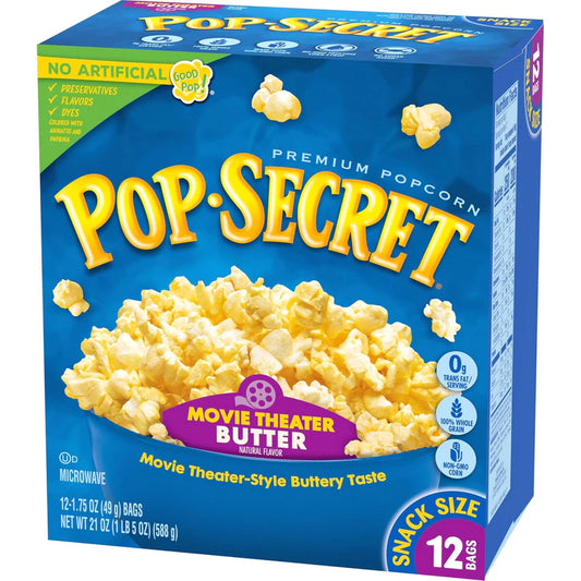 Pop Secret Microwave Popcorn, Movie Theater Butter Flavor, 1.75 Oz Snack Bags, (Pack of 12)