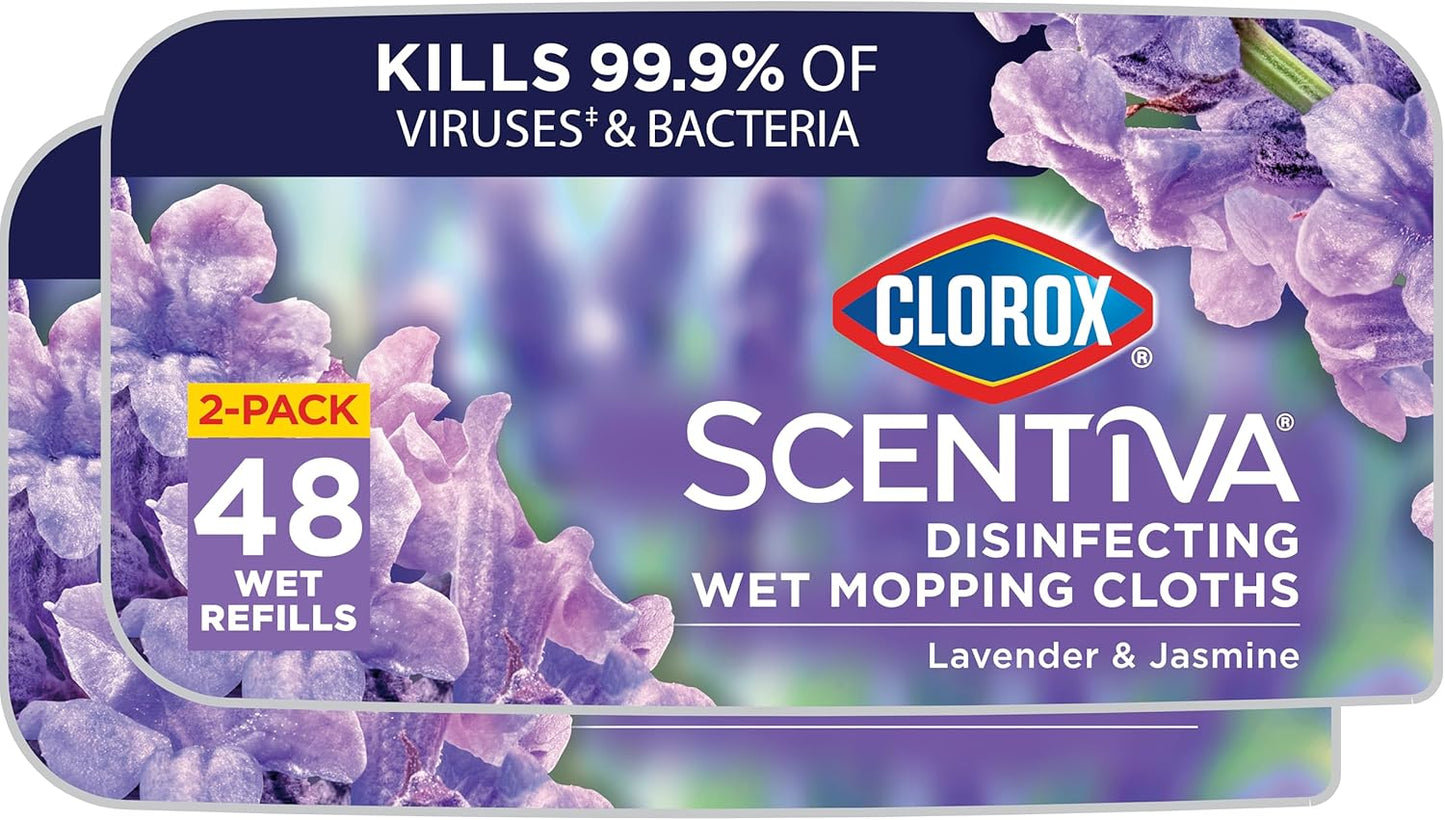 Scentiva Disinfecting Wet Mop Pad, Disposable Heads, Multi-Surface Floor Wipes, Lavender and Jasmine, 2 Packs, 24 Refills per Pack (Package May Vary)