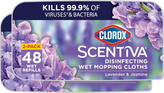 Scentiva Disinfecting Wet Mop Pad, Disposable Heads, Multi-Surface Floor Wipes, Lavender and Jasmine, 2 Packs, 24 Refills per Pack (Package May Vary)