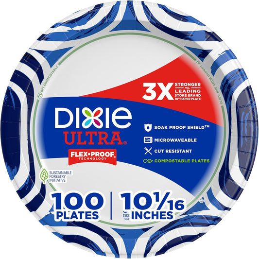 Ultra, Large Paper Plates, 10 Inch, 100 Count, 3X Stronger*, Heavy Duty, Microwave-Safe, Soak-Proof, Cut Resistant, Disposable Plates for Heavy, Messy Meals