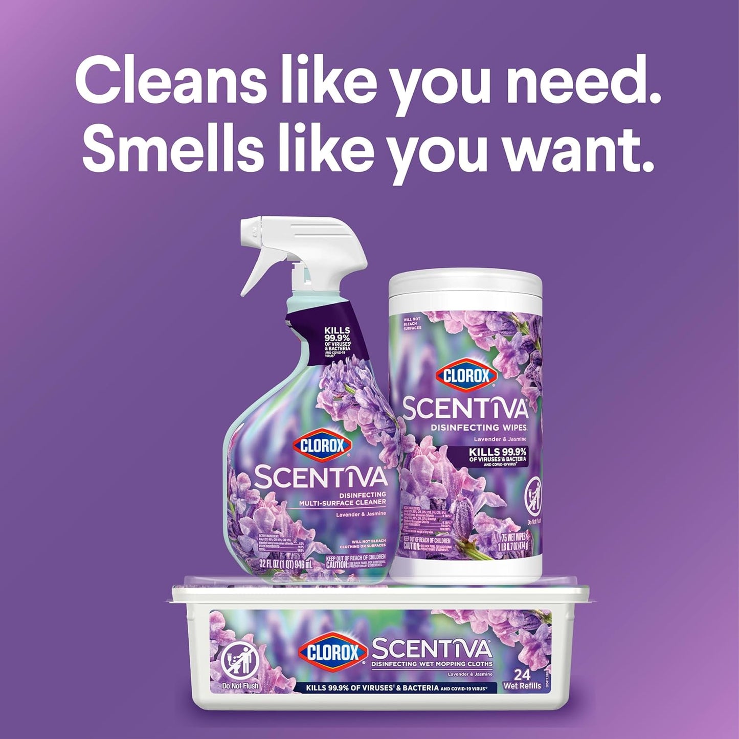 Scentiva Disinfecting Wet Mop Pad, Disposable Heads, Multi-Surface Floor Wipes, Lavender and Jasmine, 2 Packs, 24 Refills per Pack (Package May Vary)