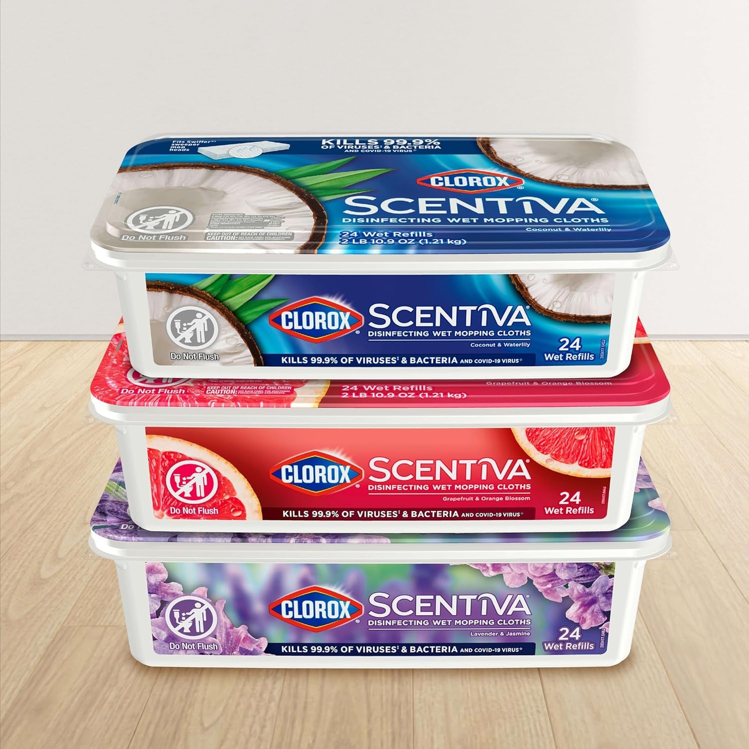 Scentiva Disinfecting Wet Mop Pad, Disposable Heads, Multi-Surface Floor Wipes, Lavender and Jasmine, 2 Packs, 24 Refills per Pack (Package May Vary)
