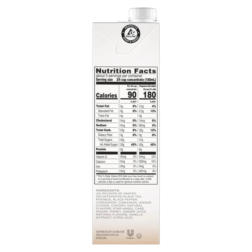 Decaf Chai Latte, Black Tea Concentrate, Easy-To-Serve Chai Tea for Everyday Lattes, Hot or Iced Tea and Mocktails, 32 Oz Tea Mix Carton