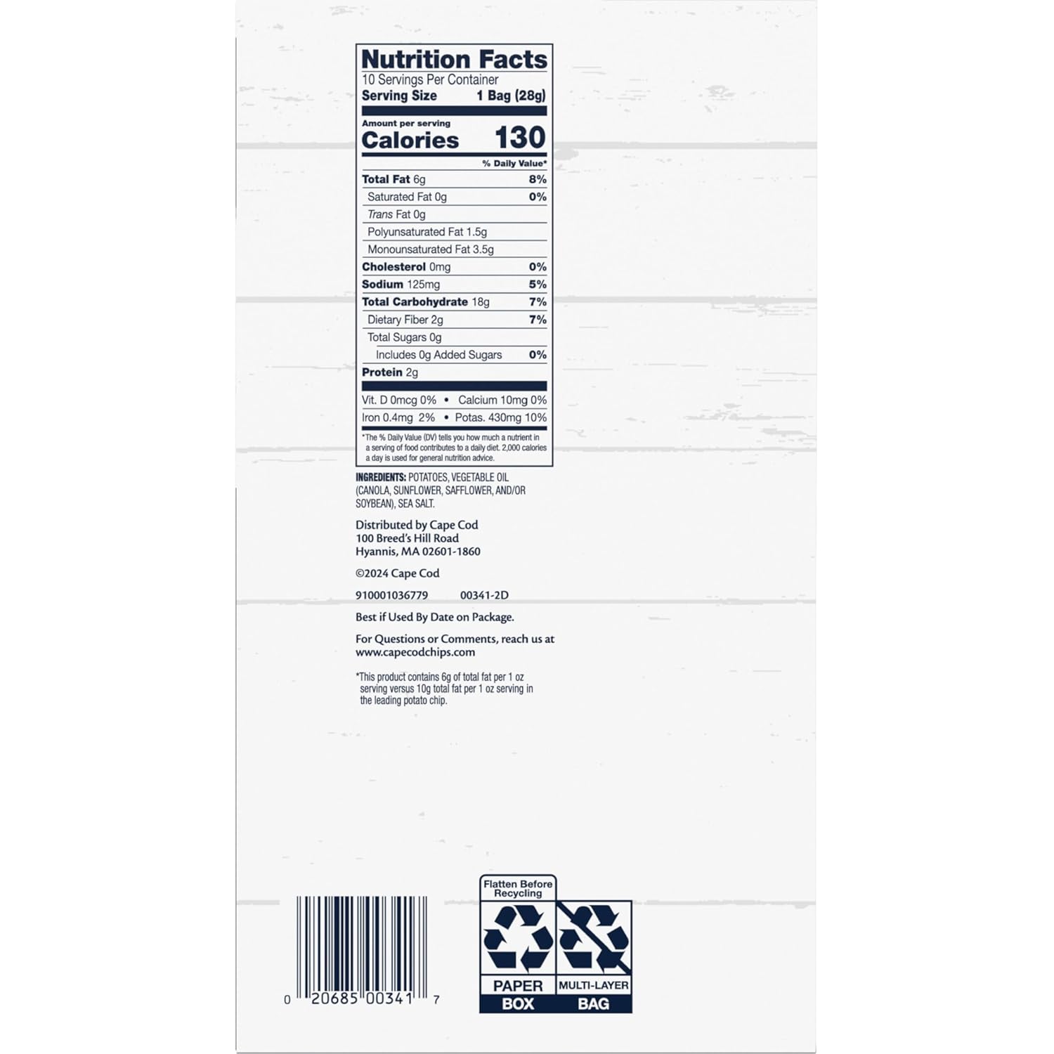 Potato Chips, Less Fat Original Kettle Chips, 1 Oz Snack Bags, 10 Ct