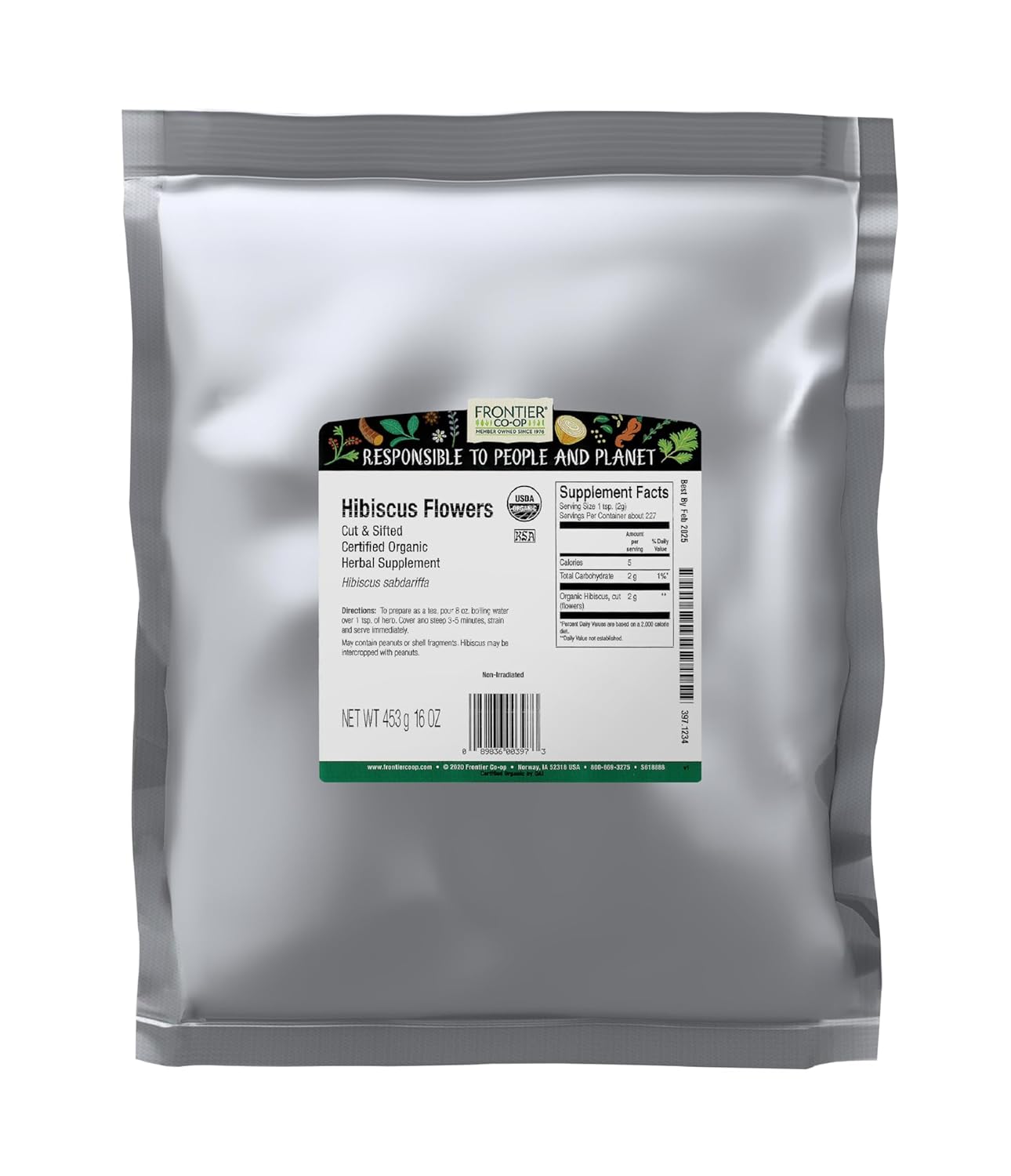 Organic Hibiscus Flowers, 16 Ounce, Sun Dried Bright Red Color, Fruity Flavor, Non Irradiated, Non ETO, Kosher