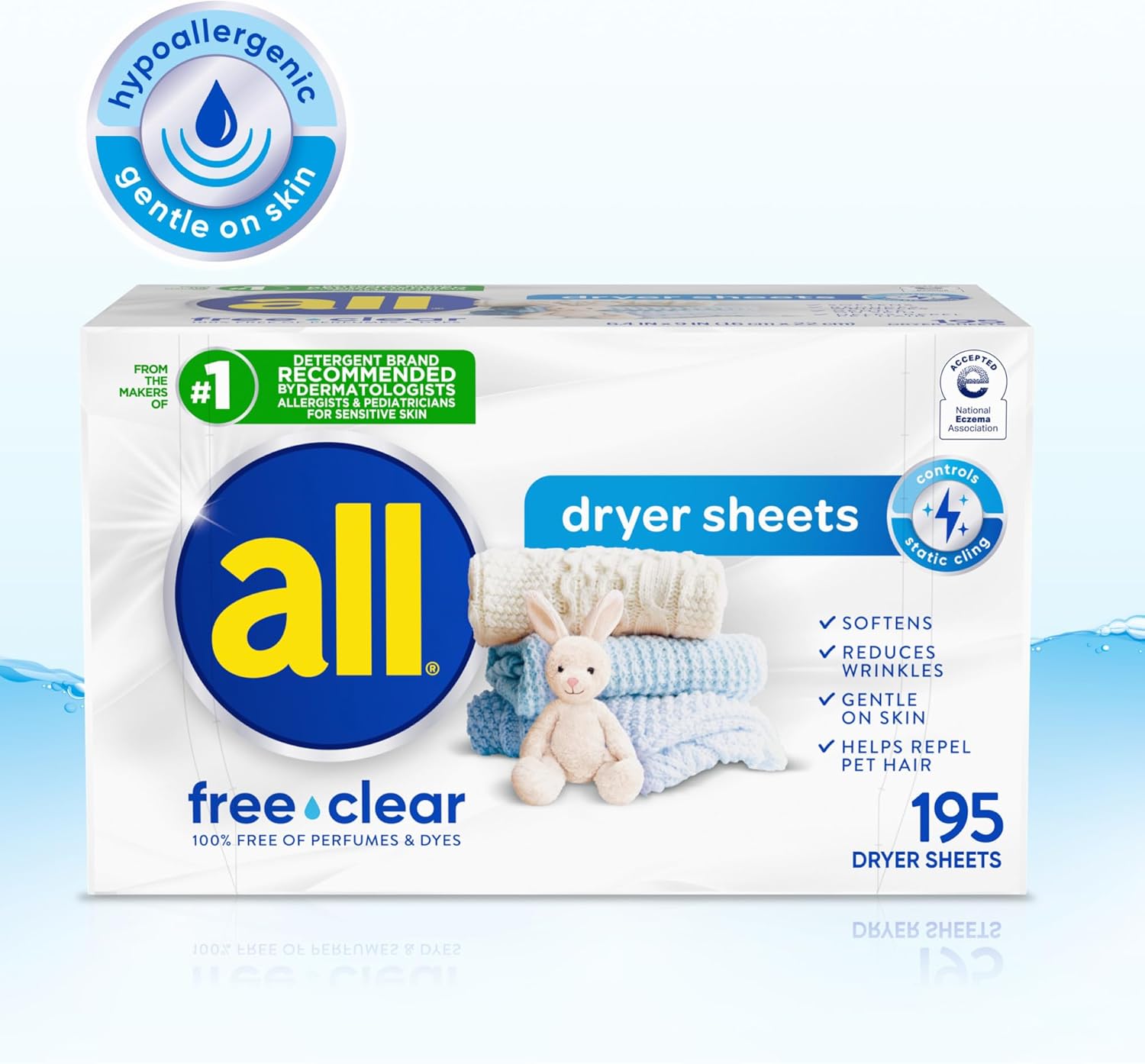 Fabric Softener Dryer Sheets for Sensitive Skin, Free Clear, 195 Count