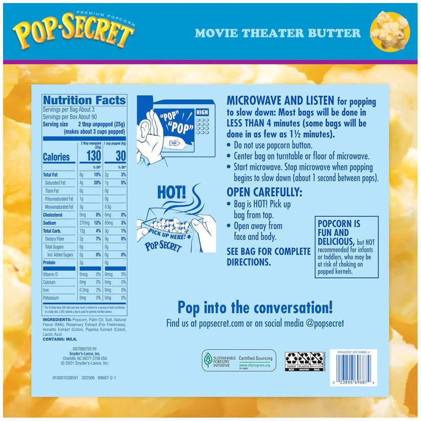 Pop Secret Microwave Popcorn, Movie Theater Butter Flavor, 3 Oz Sharing Bags, 30 Ct