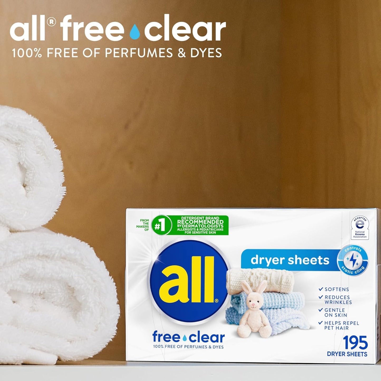 Fabric Softener Dryer Sheets for Sensitive Skin, Free Clear, 195 Count